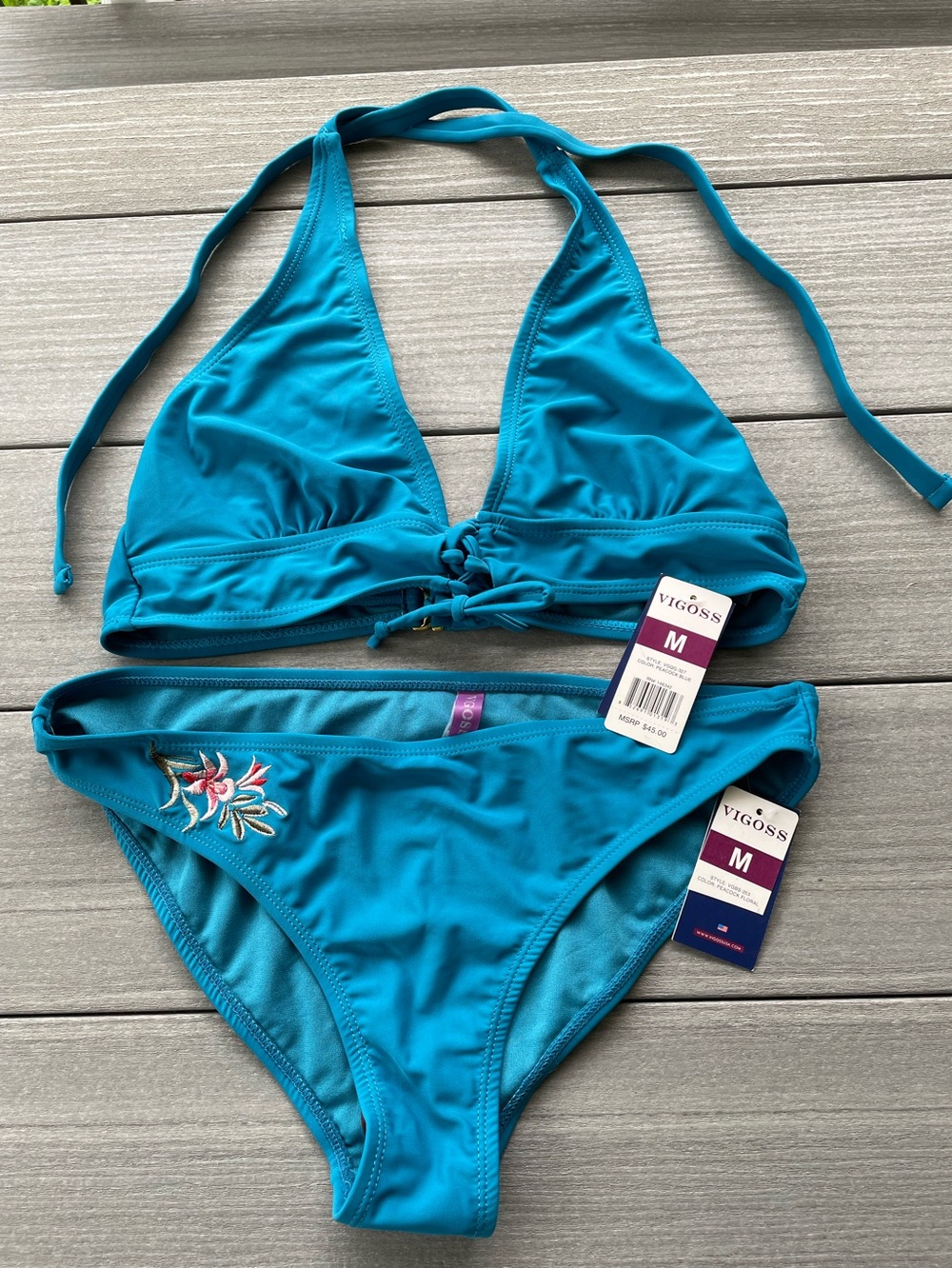Vigoss Women's Blue Bikini Set with Floral Embroidery